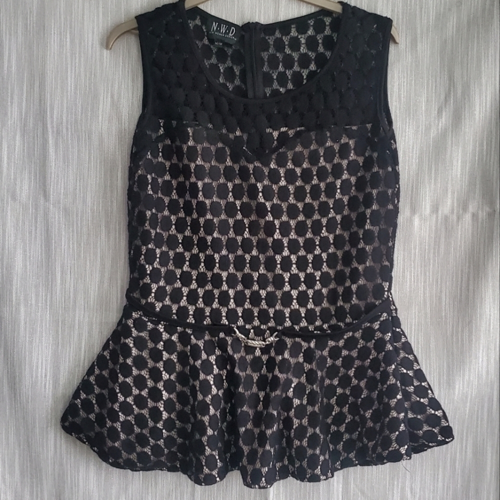Black Soft Knit Crochet Lace Peplum Blouse Cream Bustier Underlay Vixen Chic
